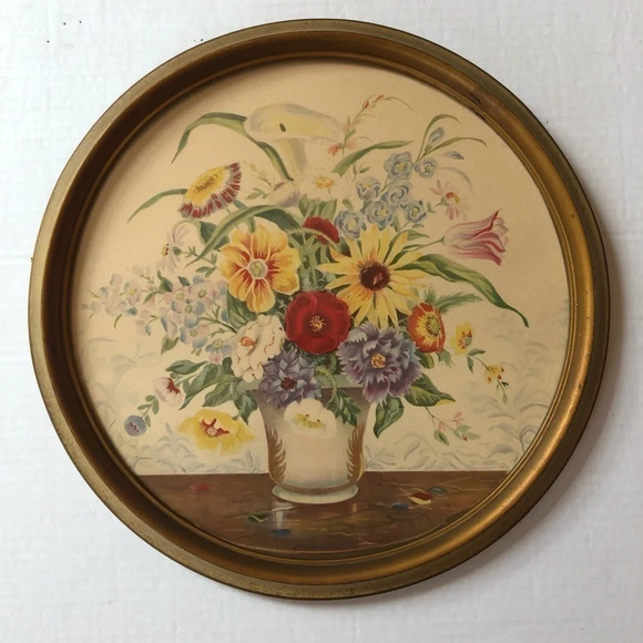 Vtg Round Frame  Floral Wall Decor - Picture 1 of 8